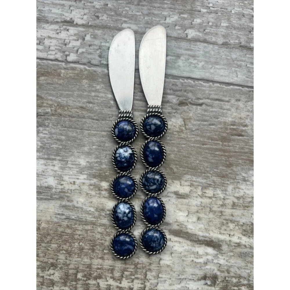 Vintage Southwestern Blue Stone Cheese Spreaders - Set of 2 - Silver Tone Boho